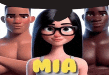 a cartoon girl wearing glasses is standing in front of three men .