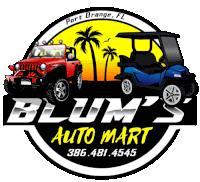 a logo for blum 's auto mart shows a red jeep and a blue golf cart