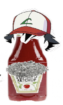 a bottle of ketchup with ash in a red hat on top