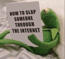 a kermit the frog is holding a sign that says `` how to slap someone through the internet '' .