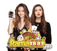 two women holding a phone and a slot machine with the word rama 123