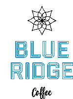 a blue ridge coffee logo with a flower in the background