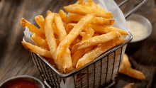 a basket of french fries sits on a table next to a bowl of ketchup