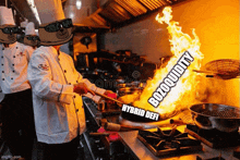 a chef is cooking in a kitchen with a fire coming out of it and the words bozoquidity hybrid defi