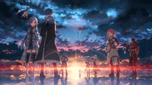 a group of anime characters are standing in front of a cloudy sky