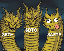 a cartoon of three dragons with the words seth $ btc and saftr written on them