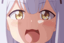 a close up of a anime character 's face with a surprised look on her face