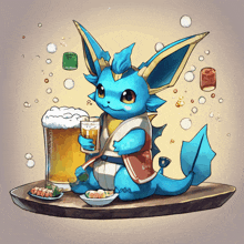 a blue pokemon holding a glass of beer on a table