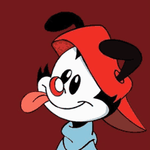 a cartoon character wearing a red hat and a blue scarf .