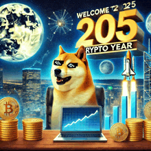 a doge wearing sunglasses sits at a desk with a laptop and stacks of coins