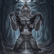 a painting of a werewolf in the woods with its mouth open