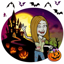 a cartoon of a woman dressed as a zombie holding a pumpkin bucket full of candy