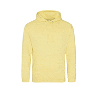 a yellow hoodie with a white background has a hood