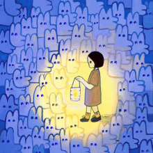 a drawing of a girl holding a lantern in front of ghosts