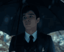 a man in a suit and tie holds an umbrella