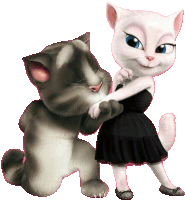 a cartoon cat kneeling down next to a white cat in a black dress