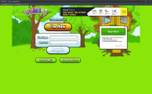 a webkinz login page shows a tree house and a sign that says i 'm new