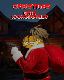 garfield is holding a gun in front of a house with the words christmas with xxx garfield on it