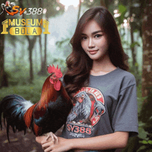 a woman holding a rooster in front of a museum bola ad