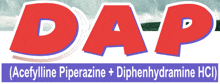 a red and white logo for dap acetylline piperazine + diphenhydramine hci