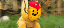 a pixelated image of a person wearing a red hat and a yellow face