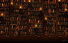 a drawing of a library with ladders and candles on the shelves