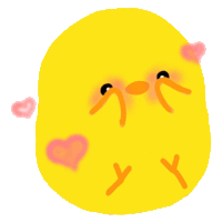 a cartoon drawing of a yellow chicken with pink hearts around its face