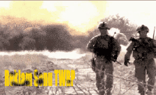 two soldiers are walking across a field with the words " tactical son twp " written in yellow