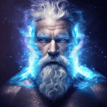 a man with a beard and blue eyes is surrounded by glowing particles