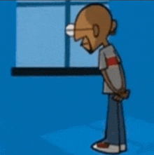 a cartoon character is standing in front of a window looking out .