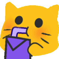 a yellow cat is drinking from a purple cup