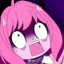 a girl with pink hair has a surprised look on her face and the word icons is on the bottom right