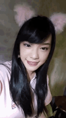 a young woman wearing a pink shirt and pink cat ears is smiling for the camera .