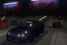 a purple car is parked in a garage with a sticker on the front that says fukaru