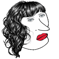 a black and white drawing of a woman with a nose and red lips