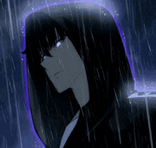 a cartoon character with a hood and glowing eyes in the rain