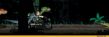 a pixel art of a man riding a motorcycle with dinosaurs behind him and the words heh heh heh heh huh