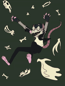 a cartoon drawing of a rat surrounded by bones and skulls