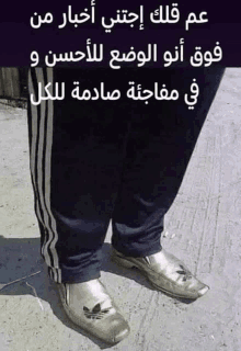 a person wearing a pair of adidas shoes with arabic writing