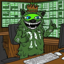 a cartoon of a monster giving a thumbs up in front of a computer monitor