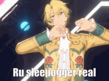 a man in a yellow jacket is making a heart shape with his hands and the words " ru sleepogger real " written below him