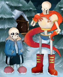 a cartoon drawing of two skeletons in the snow