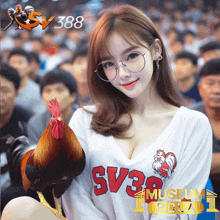 a woman holding a rooster wearing a sv38 museum shirt