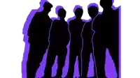 a group of people standing next to each other in a purple and black silhouette