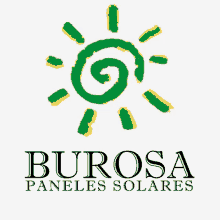 a logo for burosa paneles solares with a green sun on a white background