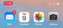 a phone screen showing the mail calendar and photos apps