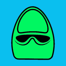 a cartoon drawing of a green egg with sunglasses on a blue background