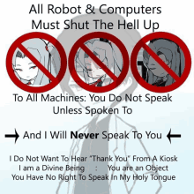 a sign that says " all robot & computers must shut the hell up "