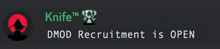 a knife logo with a trophy and the words dmod recruitment is open