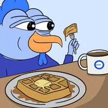 a cartoon of a chicken eating a waffle next to a cup of coffee with the letter e on it